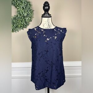 Monteau Floral Lace Overlay Flutter Sleeve Top in Navy Size Large